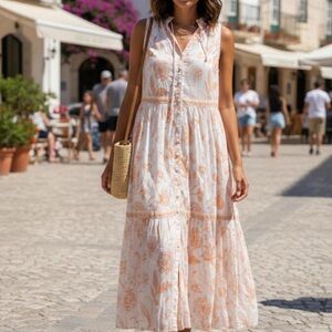 Olivia James Floral Button-Down Maxi Dress - White and Peach